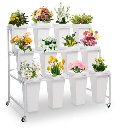 Flower Display Stands with Buckets, 3-Tier Rolling Plant Stand with Locking Wheels - Heavy Duty Metal Flower Cart for Indoor/Outdoor Use, Wedding Decor & Florist Displays (Holds 12 Pots) (White)