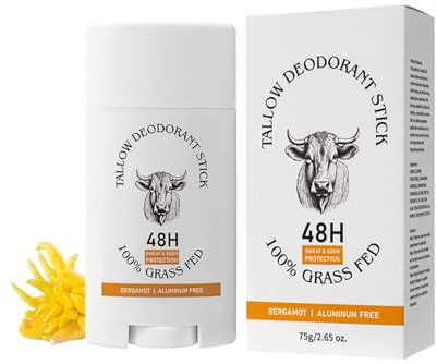 Tallow Deodorant, Women & Men's Deodorant Stick with Grass-Fed Beef Tallow - Bergamot Scented,48-Hour Odor Control, Invisible Cream Stick for Underarms and Private Parts, Aluminum-Free