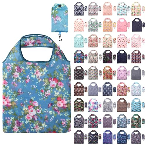 Paterr 46 Pcs Foldable Reusable Grocery Bags Bulk Machine Washable Waterproof Shopping Bags Packable Grocery Tote Pouches with Hook Handles for Travel, Small Business, Daily Shopping(Classic Style)