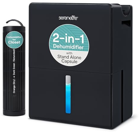 SereneLife Dehumidifier, Quiet 2-in-1 Thermoelectric & Desiccant Dehumidifiers for Home, 85 oz Tank Drying Base w/Small Room Attachment, Smart Humidity Control for Basement, Bathroom, Bedroom, Closet
