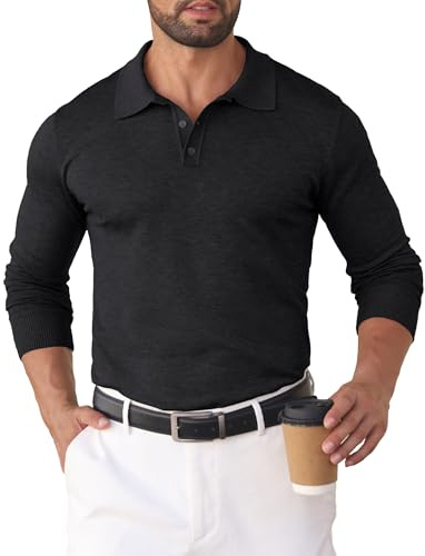 Hisir - Jersey de punto para hombre con cuello polo, de manga larga, suéter básico de un solo color, de negocios, para otoño e invierno, Negro , XL