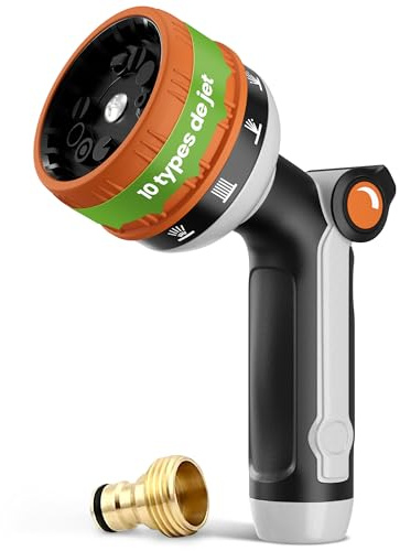 rainfactory pistola manguera jardín - boquilla de riego multifunción con 10 modos de pulverización, alta presión y mango ergonómico - adaptador de latón para jardinería, césped y plantas