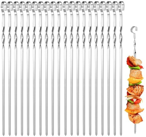 Spiedini per barbecue - Spiedini lunghi riutilizzabili in acciaio inossidabile | 20 pezzi di spiedini per shish kebab, per pollo, verdure, gamberetti, frittura, frutta, campeggio, picnic, feste