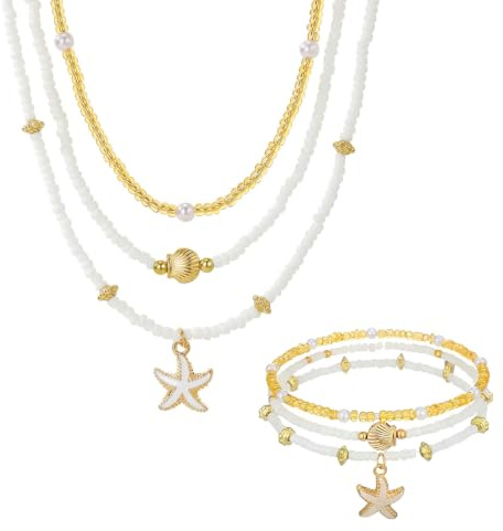 XIWCAFC Skalkedja dam set sjöstjärna pärlor mussla hänge halsband armband smycken set boho lager choker kedja sommar strand smycken gåva för semester strandfester