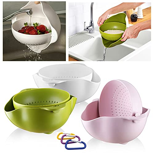 360° Handled COLANDER 2.2L & PK3 Carabiner Clips -Pasta DRAINER, Wash Fruit & Veg, STEAMER Basket, STRAINER Basket, Sieve & Serve (2 in 1 STRAINER Colander Bowl Set)