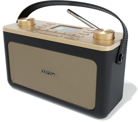 DAB/DAB+ & FM Portable Digital Radio | Leather Design | Bluetooth | Battery & Mains Powered (4x”C”) | Dual Alarms & Sleep Timer | Perfect for Home, Office or Outdoors | AZATOM Classic (Black/Gold)