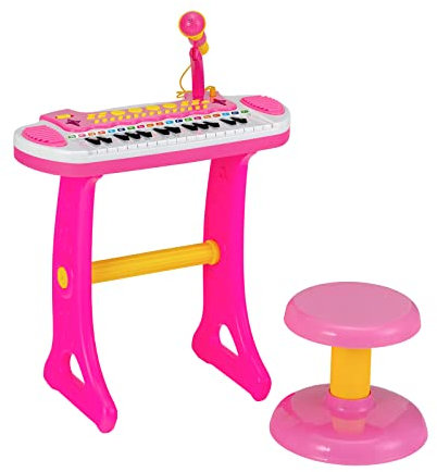 Maxmass Kids Piano and Stool, 31-Key Children Electronic Keyboard with Flashing Light, Microphone, Recording and Playback Function, Toddler Toy Piano for 3+ Boys and Girls (Pink)