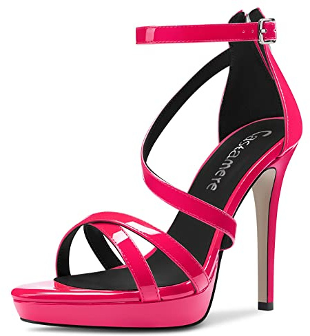 Castamere Femmes Aiguille Haut High Plate-forme Talon Heel Ouvert Bout Lanières Cheville Sandales Fermeture à Glissière Party 12 CM Heels Magenta 36 EU