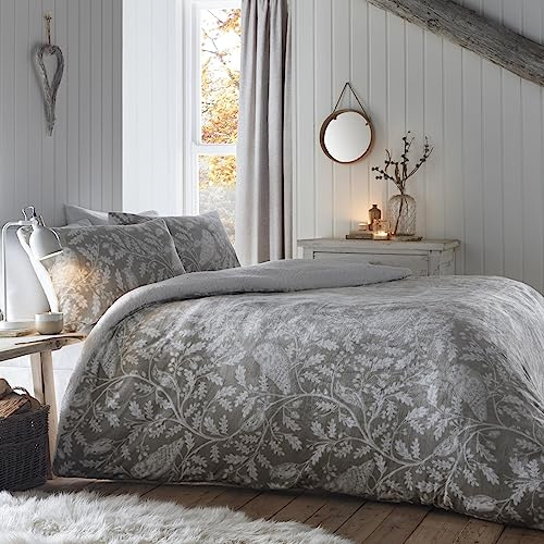 Dreams & Drapes Teddy Fleece Duvet Cover – Owl Print – Single (140 x 200cm) – Soft & Cosy Woodland Bedding – Light Grey – Forest Animal Theme – 2 Pillowcases – Winter Bedroom Set