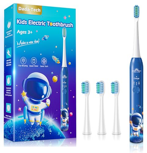 Kinder Zahnbürste Elektrisch ab 3-6-10-12 Jahre, Kinderzahnbürste Elektrisch mit Timer Gewohnheitsbildende Sticker 3 Modi Schallzahnbürste Kinder Jungen Wiederaufladbar (Astronaut Blau)