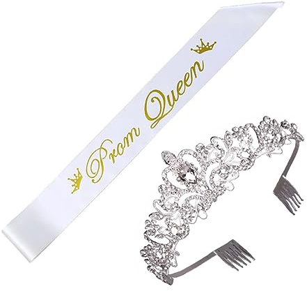 BRIGHTFUFU Abschlussfeier Dekorationen Prom Queen SchäRpe Und Krone Set, Weiß Satin SchäRpe Mit Kristall Tiara Stirnband FüR Abschlussball Und Feiern