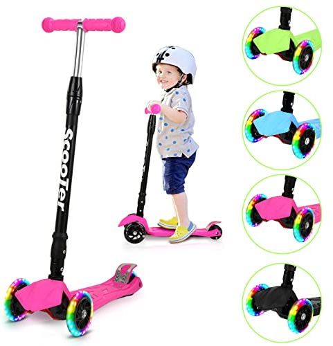 Jopassy Scooter Kinder, Kinderroller mit 3 LED Leuchtenden Räder, Cityroller klappbar Mit Tragegurt, höhenverstellba, Hinterbremsen, Roller Kinder 4 Jahre Maximale 50 KG (Rosa)