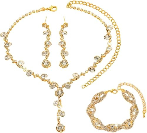 FDEETY Ensemble Bijoux Cascade Cristaux Brillants Collier Boucles D'oreilles Bracelet Parure Élégante Accessoires Femme Mariage Soirée
