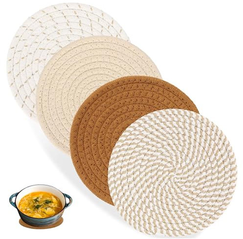 4 Stück Topfuntersetzer Hitzebeständig, Baumwolle Faden Weben Matte 18cm Rund für Esszimmer, Büro, Küche, Hotel
