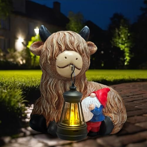 Solar Highland Cow Gnome Decor - Garden Gnomes Statues Highland Cattle Mouth with Solar Lantern, Outdoor Ornaments Funny Decoration for Yard, Patio, Unique Birthday Housewarming Gifts for Women, Mom