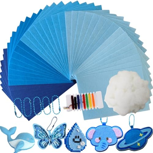 42 unidades de fieltro para manualidades, 6 colores azules diferentes de fieltro para manualidades, 1 mm, completo con accesorios de costura, 10 g de algodón para manualidades, 5 cadenas de bolas, 20
