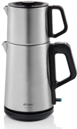 Arzum Teemaschine, Türkische Teekanne mit 1,0L Edelstahl-Kanne & 1,8L Wasserkocher – Schnellbrühfunktion, Warmhaltefunktion, Trockengehschutz, Edelstahl-Teefilter, 360° drehbar