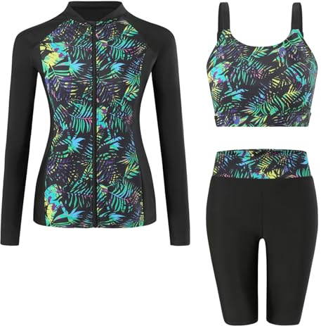 Ausing Costume da bagno da donna, 3 pezzi, a maniche lunghe, Rash Guard, protezione solare con chiusura lampo, per surf, spiaggia, S-2XL, Nero , M