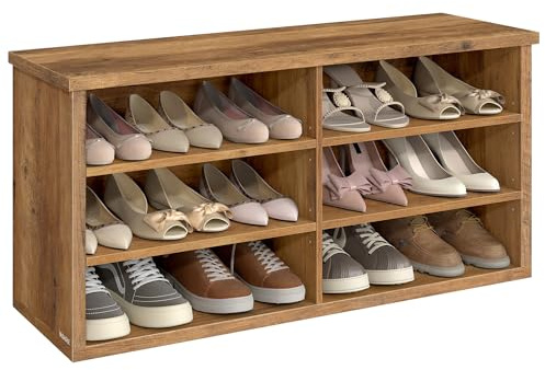 VASAGLE Shoe Bench, Storage Bench, 6 Compartments, Adjustable Shelves, for Living Room, Hallway, 29.5 x 100 x 50 cm, Honey Brown LSB036K01