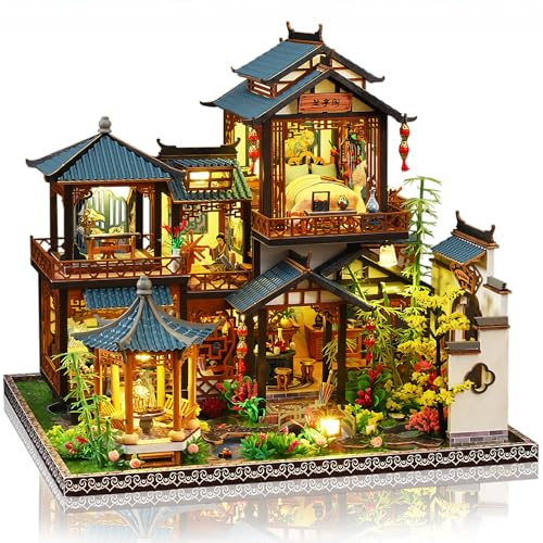 Cuteefun Maquette Maison Miniature DIY Kit, Artisanat Fait Main en Bois avec Lumière LED, pour Adultes Adolescent, Fabriquez Votre Propre Maison de Rêve (Cour à Fleurs)