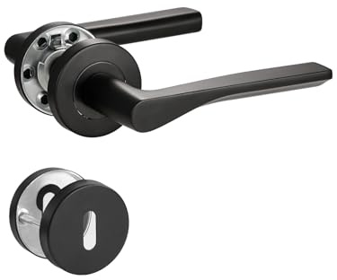 SORWDUERM Poignée de porte noire, garniture de poignée, acier inoxydable brossé mat, ensemble de poignées pour porte d'entrée et intérieure, forme en L, rosace ronde, BB - poignée de lit