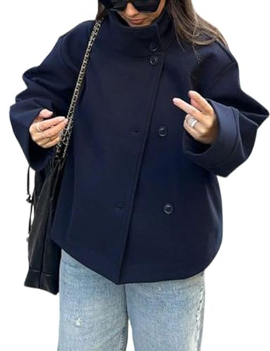 CHARTOU Women Crop Pea Coat Wool Blend Winter Loose Casual Short Jacket Outwear (Medium, Navy)
