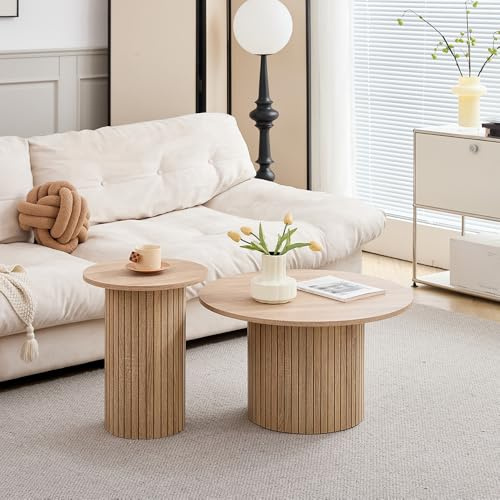 HJhomeheart Runder Couchtisch 2er Set, Beistelltisch aus Holz, Moderner Kaffeetisch mit römischer Säulenbasis für Wohnzimmer, Balkon, Schlafzimmer (Natürliche Holzmaserung)