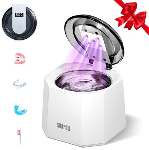 SUNPOW Ultrasonic Retainer Cleaner 48kHz, 220ml Capacity Dental Cleaning Machine Pod with 5 UV Lamps, Dual Modes, Low Noise Sonic Denture Cleaner for Mouthguards, Aligners, Toothbrush Heads