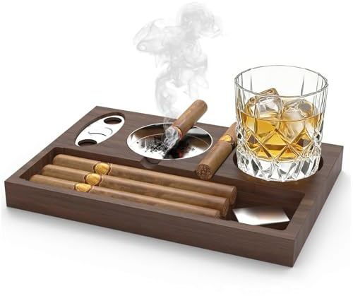 auvstar in Legno Sigari Posacenere da Fumare Cubani Toscani - Include Pinze per Sigari e Sottobicchieri per Conservare i Sigari, Portacenere Vassoio Portatile con Cassetto per Whisky Set -Legno 20cm