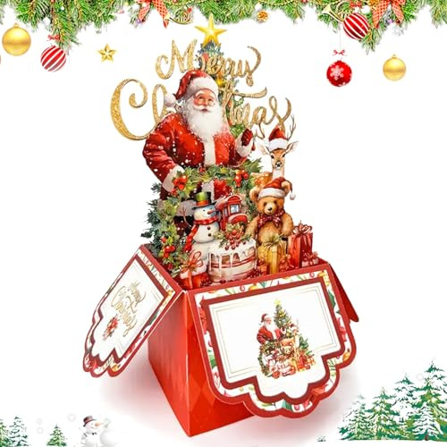 FOSDICK Carte Noel 3D, Amusante Carte Pop Up Noel, Cartes de noel Pop Up, carte de Vœux 3D pour Joyeux Noël, Nouvel An, 19.9x16.5cm, Red, Motif de Santa Bonhomme de Neige Renne Ours ‘Merry Christmas’