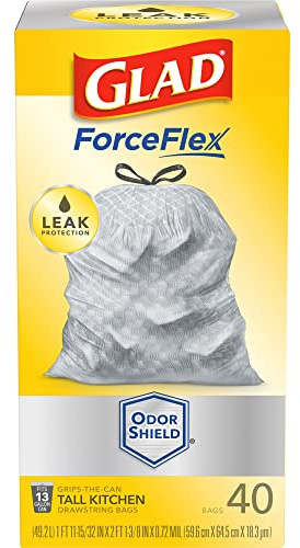 Glad ForceFlex Tall Kitchen Drawstring Trash Bags, 13 Gal, OdorShield, 40 Ct