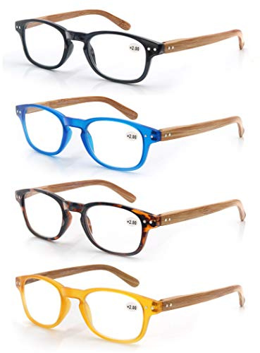 MODFANS Lot de 4 Lunettes de Lecture 3.5 Hommes Femme,Lunettes Loupe Monture Leger Branches a Ressort,Lunettes de Vue Motif Effet Bois,Noir-Bleu-Ecaille-Jaune
