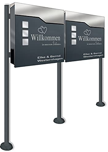 Zalafino Briefkasten inkl. Standfuß freistehend in anthrazit - individualisierbarer Design-Briefkasten aus pulverbeschichtetem Stahl mit Zeitungsrolle, Sichtfeldern und Standfuß