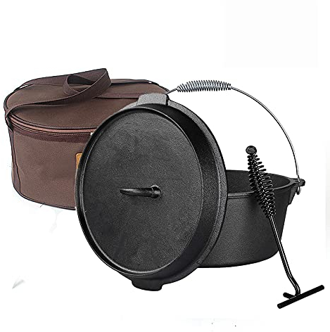 scosao Dutch Oven Camp Cast Iron Pot Combo Cooker, Cast Iron Pot Camping Cookware Braiser Pan with Lid Skillet & Lid Lifter, Handle & Tripod for Kitchen Cooking, BBQ, Basting, Bread Baking