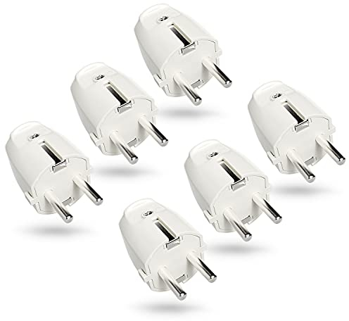 greate 6x Schuko Stecker weiß mit Zugentlastung - PVC Schutzkontakt Stecker 230V, 2-polig, 16A & 3,7kW - IP20 Schukostecker für Innenbereich - Kabel Stecker 230V, Stromstecker, Schutzkontaktstecker