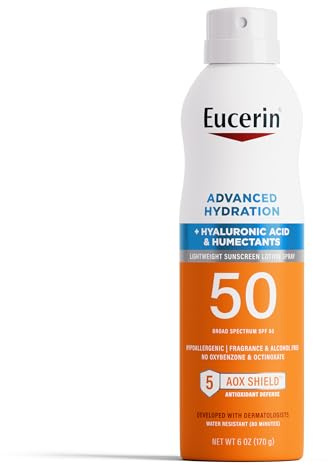 Eucerin Advanced Hydration SPF 50 Sunscreen Spray, Lightweight Spray Sunscreen with Hyaluronic Acid and Humectants, Hypoallergenic, Fragrance and Alcohol Free, 6 Oz Bottle