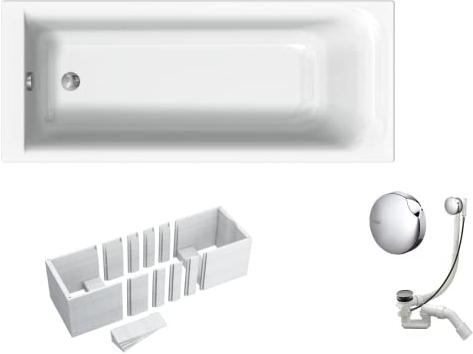 VBChome Badewanne 160x70 cm Geberit Acryl SET Wannenträger Siphon Wanne Rechteck Weiß Design Modern Styroporträger Ablaufgarnitur in Chrom