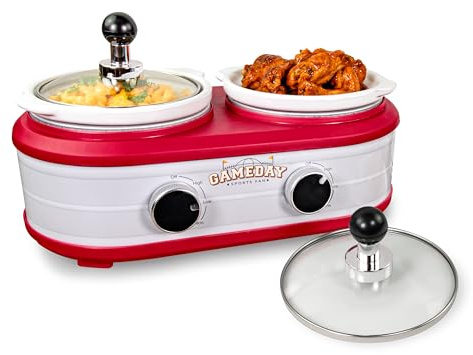 Nostalgia Game Day 2.5-Quart 2-Section Slow Cooker with Lid and Ladle, Keg-Like Design, Cooks Chicken Wings, Meatballs, Chilli, Cheese, Soup, Stews, and More