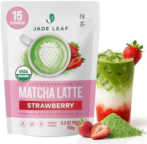 Jade Leaf Matcha Organic Strawberry Matcha Latte Mix - Lightly Sweet Japanese Matcha Green Tea Powder with Organic Cane Sugar for Café Style Blend, 5.3 Ounce / 150g (Pack of 1)