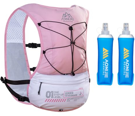 ICE FLAME Trinkrucksack-Weste, 5 l, multifunktionaler Outdoor-Laufrucksack, passend für 17,7 cm (6,8 Zoll) Handy für Marathon-Training, Wandern, Trail und Walking (Rosa, 2 x 500 ml Flasche)