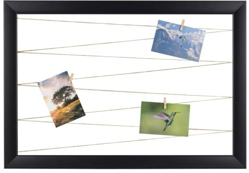 CLAMARO 'Neo Collage Line' Fotohalter 60x40 cm | Schwarz Matt | Querformat Bilderrahmen mit Fotoleine aus Juteband und Holzklammern | Ideal als Fotocollage Galerie, Fotowand oder Fotorahmen