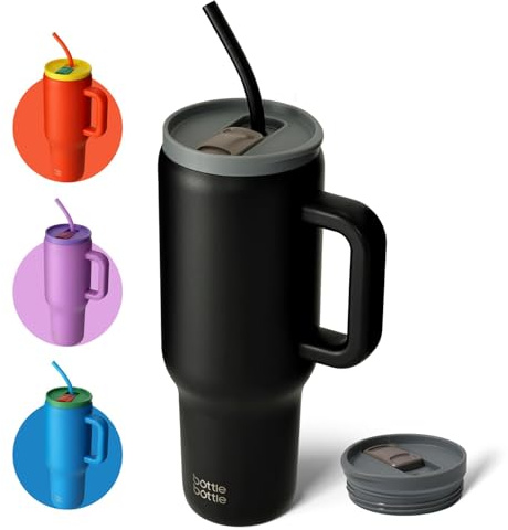 BOTTLE BOTTLE 40oz (1.2L) Kaffeebecher aus Edelstahl mit Griff & Strohhalm, BPA-frei, isolierter Thermobecher für Reise, Büro, Uni & Sport, Geschenkidee für Kaffee- und Teeliebhaber (Schwarz)