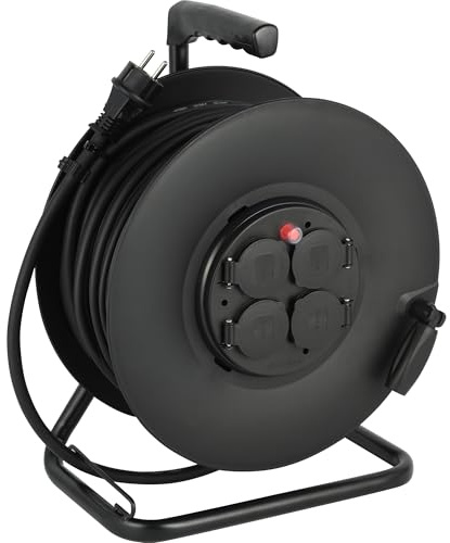 Electraline 20868130D Elektrisk förlängningssladd IP44 Profesional med 40M rulle, gummikabel H07RN-F 3G2,5 mm², 4 uttag 16 A, svart, 40 M