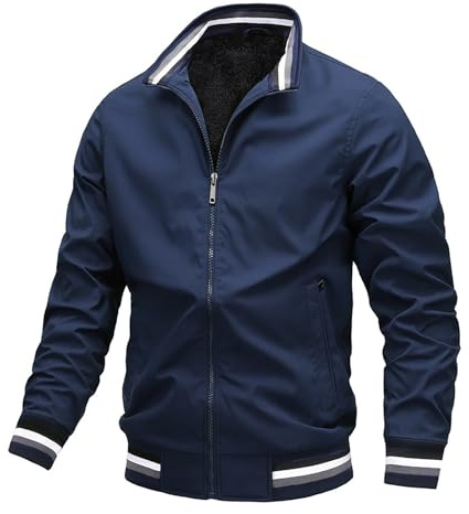 MEIbax Veste Homme Casual Léger Zippée Bomber Blouson de Baseball Mi Saison Couleur Unie Col Montant Manches Longues Outerwear Mode Automne Randonnée Vêtements (Blue, L)
