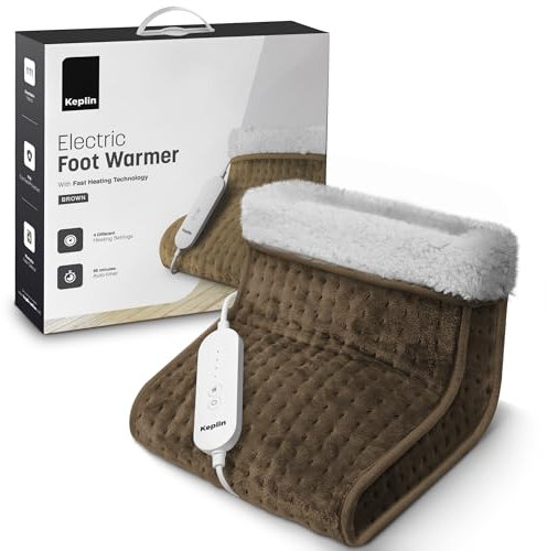 KEPLIN Electric Foot Warmer - 4 Adjustable Temperature Settings, 90-Min Auto Shut-Off Timer, Overheat & Overcurrent Protection, Soft Fleece Lining, Washable Inner Sleeves (32x28x26cm) (Brown, 1 Pack)