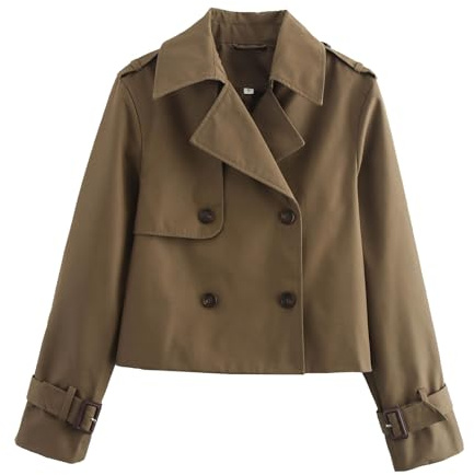 Trench corto da donna, cappotto doppio petto con risvolto giacca corta Outwear, giacche casual larghe, Marrone, M