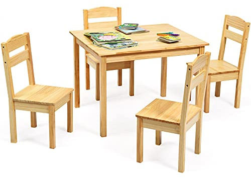 COSTWAY Kids Table and 4 Chairs, 5pcs Activity Playroom Furniture, Wooden Children Desk Chair Set for Preschool Girls Boys