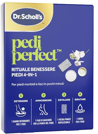 Dr. Scholl's Pedi Perfect Kit Pedicure Completo, Trattamento Piedi Secchi e Screpolati, Pediluvio, Pietra Pomice, Maschera Piedi Idratante e Crema, Cura Talloni a Casa