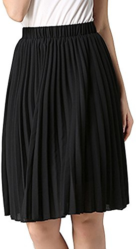 TEERFU Women's Pleated Casual Plain High Waist Chiffon Midi Skirt Black