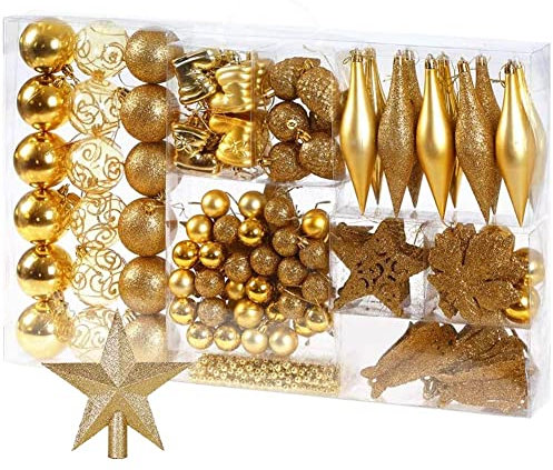 BAKAJI Addobbi per Albero di Natale 102 Pezzi Confezione Palline Calze Stelle Pigne Decorazioni Natalizie (Oro)